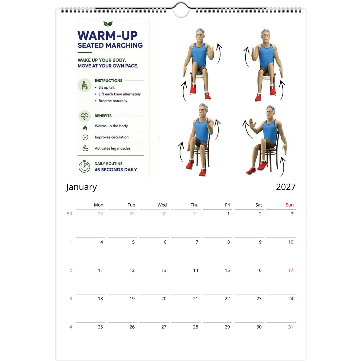 Chair Tai Chi Wall Calendar view of january 2027