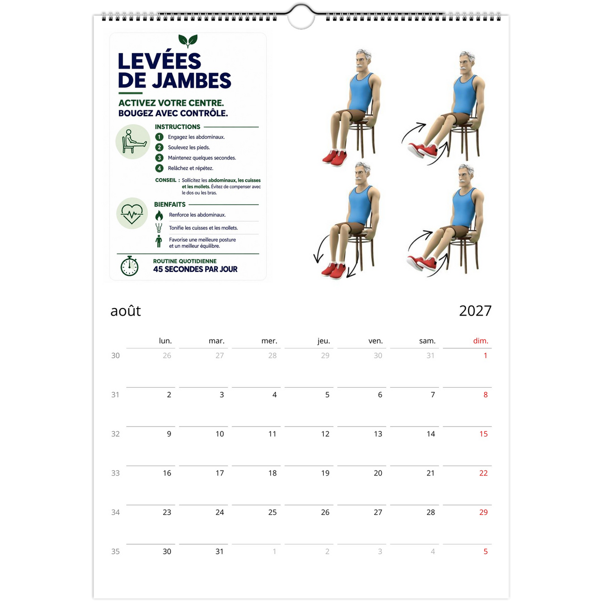 Tai-Chi sur chaise, calendrier 2027 – Exercice du mois d'Août
