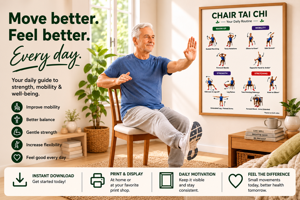 Chair Tai Chi Exercises Printable Wall Art | 12 Chair Exercises Poster | Senior Fitness PDF | Instant Download | 3 Print Ratios