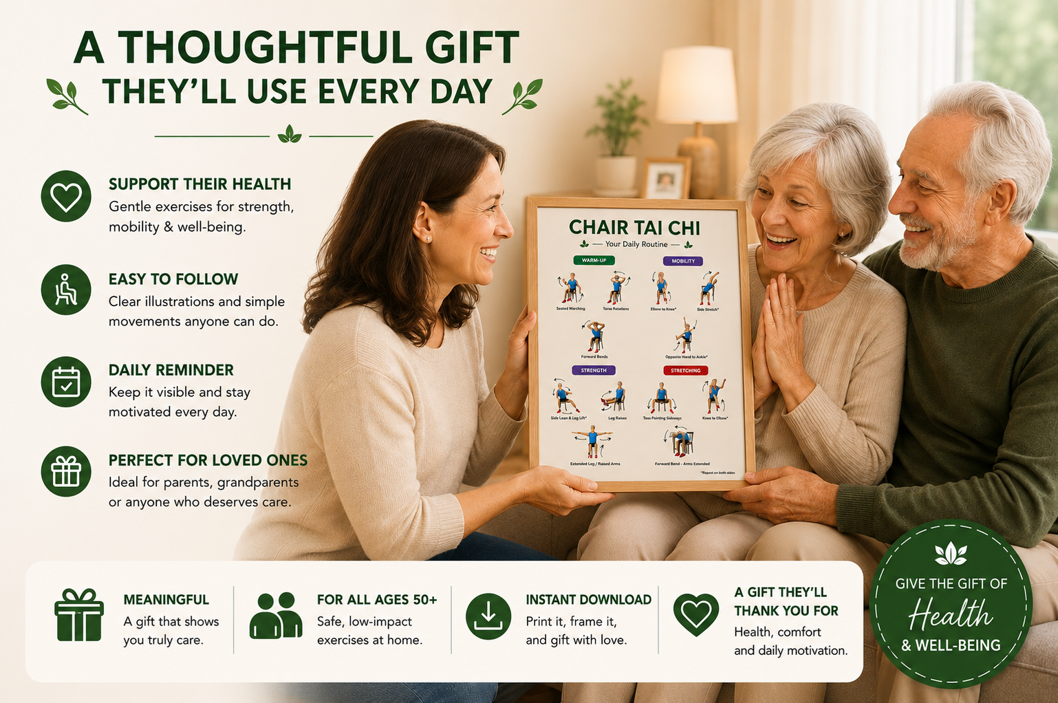 Chair Tai Chi Exercises Printable Wall Art | 12 Chair Exercises Poster | Senior Fitness PDF | Instant Download | 3 Print Ratios