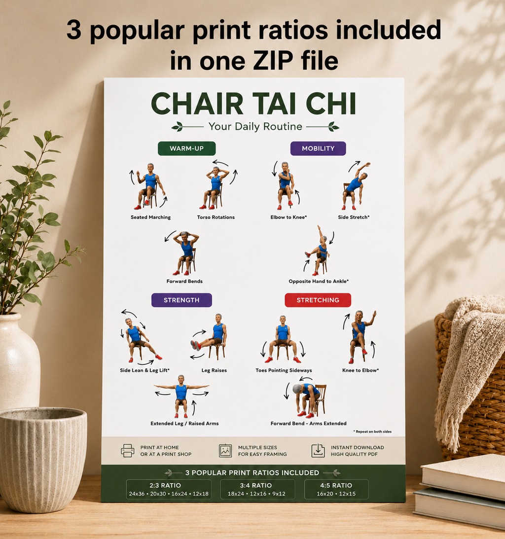 Chair Tai Chi Exercises Printable Wall Art | 12 Chair Exercises Poster | Senior Fitness PDF | Instant Download | 3 Print Ratios