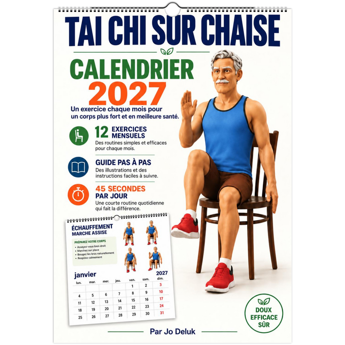 Tai-Chi sur chaise, calendrier 2027 – Couverture du calendrier présentant Ricardo réalisant un exercice de Tai-Chi sur chaise, avec 12 exercices mensuels, des instructions pas à pas et une routine douce de 45 secondes par jour.
