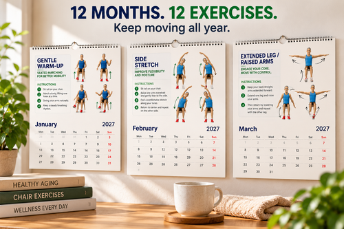Chair Tai Chi 2027 calendar showing illustrated monthly seated exercises designed for gentle movement and active aging.