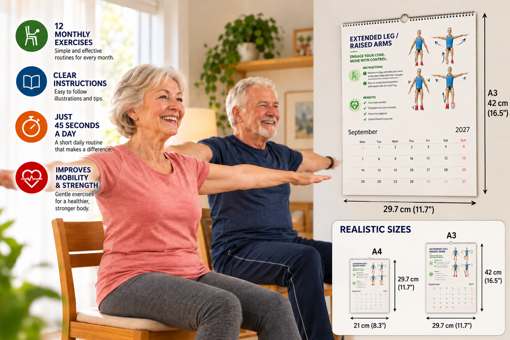 Senior couple practicing gentle seated exercises at home using the Chair Tai Chi 2027 wall calendar showing available sizes