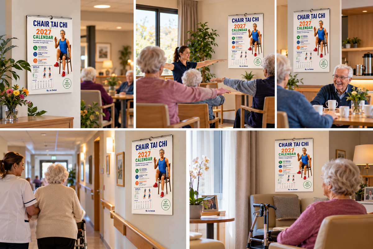 Chair Tai Chi 2027 wall calendar displayed in several areas of a senior living community, including an activity room and resident lounge.