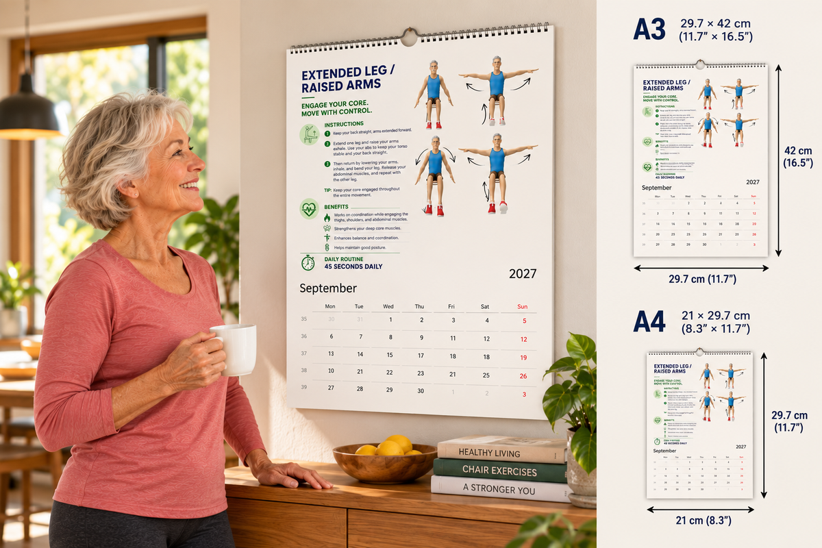 Chair Tai Chi 2027 wall calendar displayed in a home interior, available in A4 and A3 sizes.