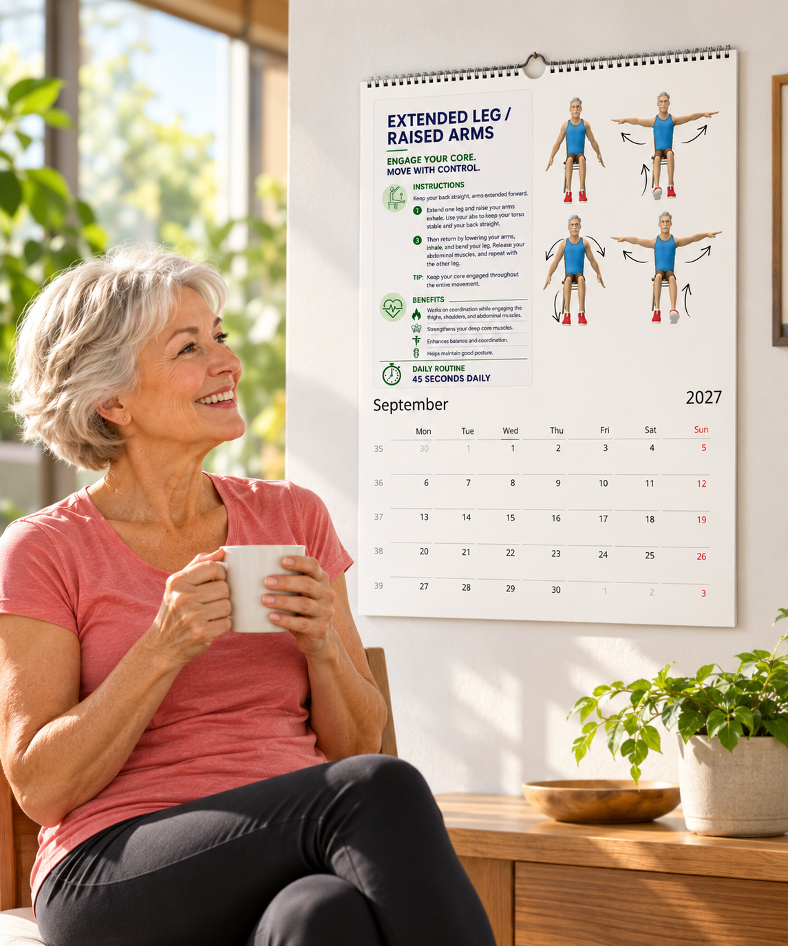 Senior couple practicing gentle seated exercises at home using the Chair Tai Chi 2027 wall calendar.