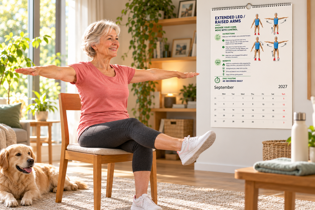 Senior woman performing a gentle seated leg and arm exercise beside the Chair Tai Chi 2027 wall calendar.