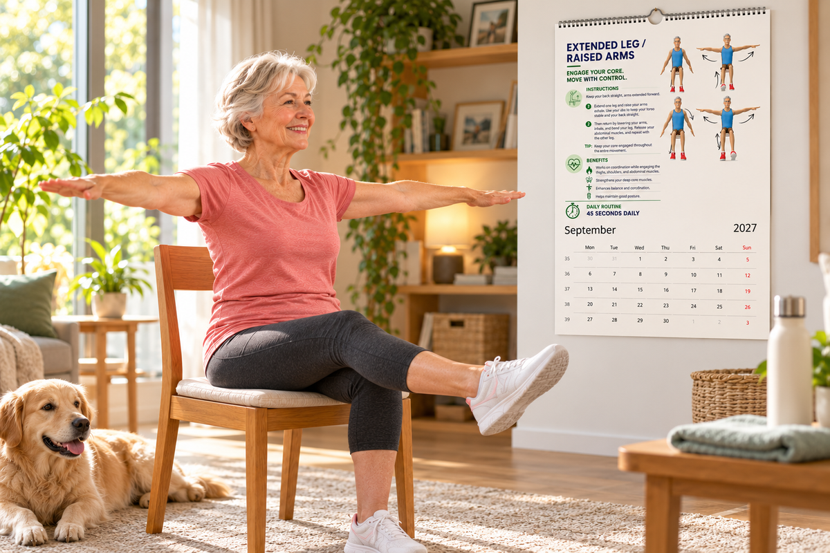 Senior woman performing a gentle seated leg and arm exercise beside the Chair Tai Chi 2027 wall calendar.