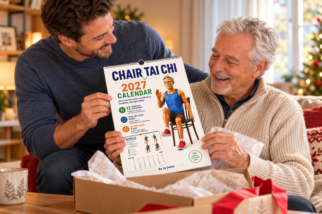 Man giving the Chair Tai Chi 2027 exercise calendar as a gift to his grandfather at Christmas.