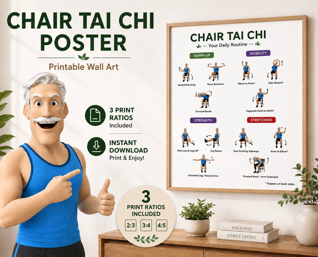 Chair Tai Chi Exercises Printable Wall Art | 12 Chair Exercises Poster | Senior Fitness PDF | Instant Download | 3 Print Ratios