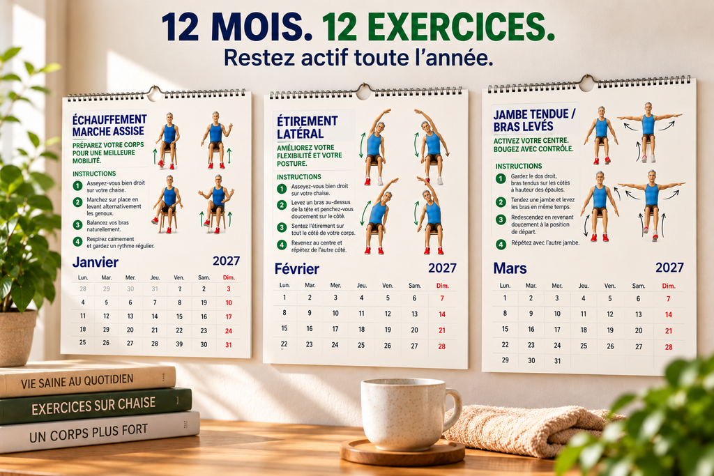 Tai-Chi sur chaise, calendrier 2027 – Trois pages du calendrier présentent les exercices de janvier, février et mars : marche assise, étirement latéral et jambe tendue avec bras levés.