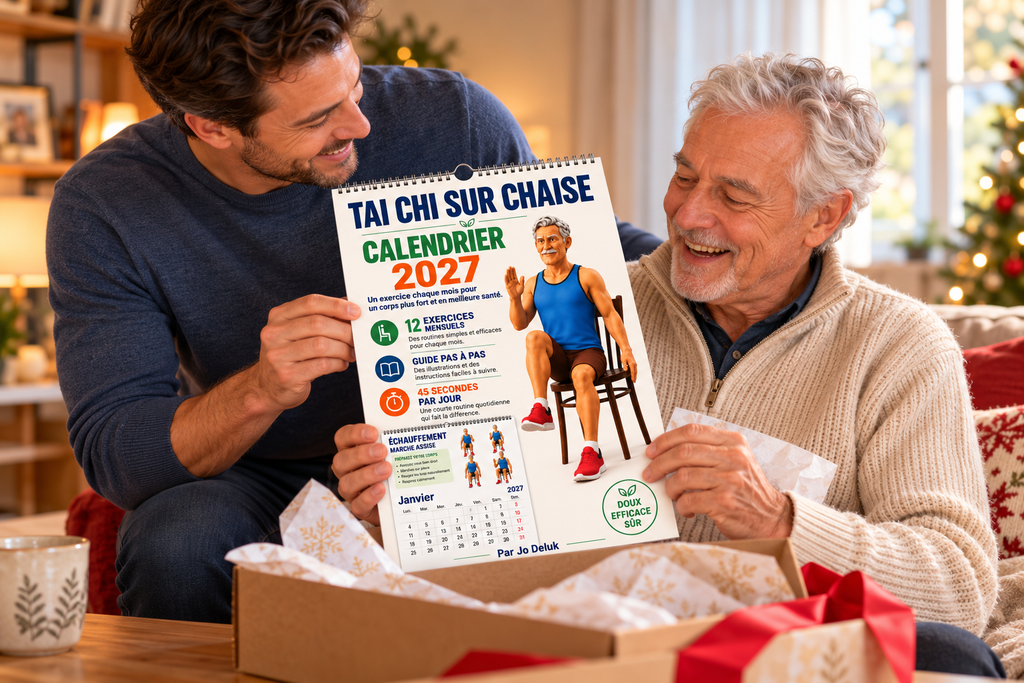Tai-Chi sur chaise, calendrier 2027 – Un homme offre le calendrier à son grand-père souriant dans un salon chaleureux décoré pour les fêtes.
