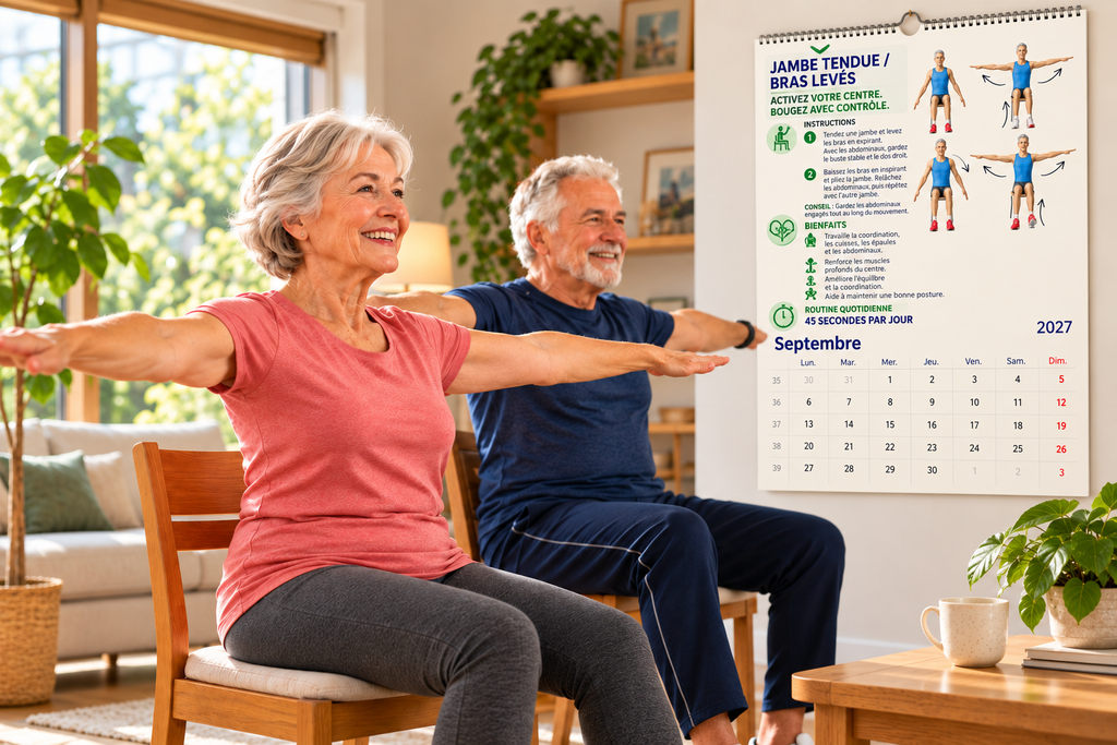 Tai-Chi sur chaise, calendrier 2027 – Un couple de seniors pratique ensemble un exercice de Tai-Chi sur chaise dans un salon lumineux, devant le calendrier de septembre.