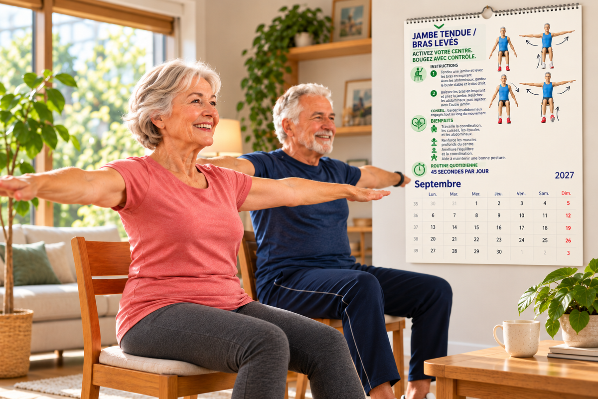 Tai-Chi sur chaise, calendrier 2027 – Un couple de seniors pratique ensemble un exercice de Tai-Chi sur chaise dans un salon lumineux, devant le calendrier de septembre.