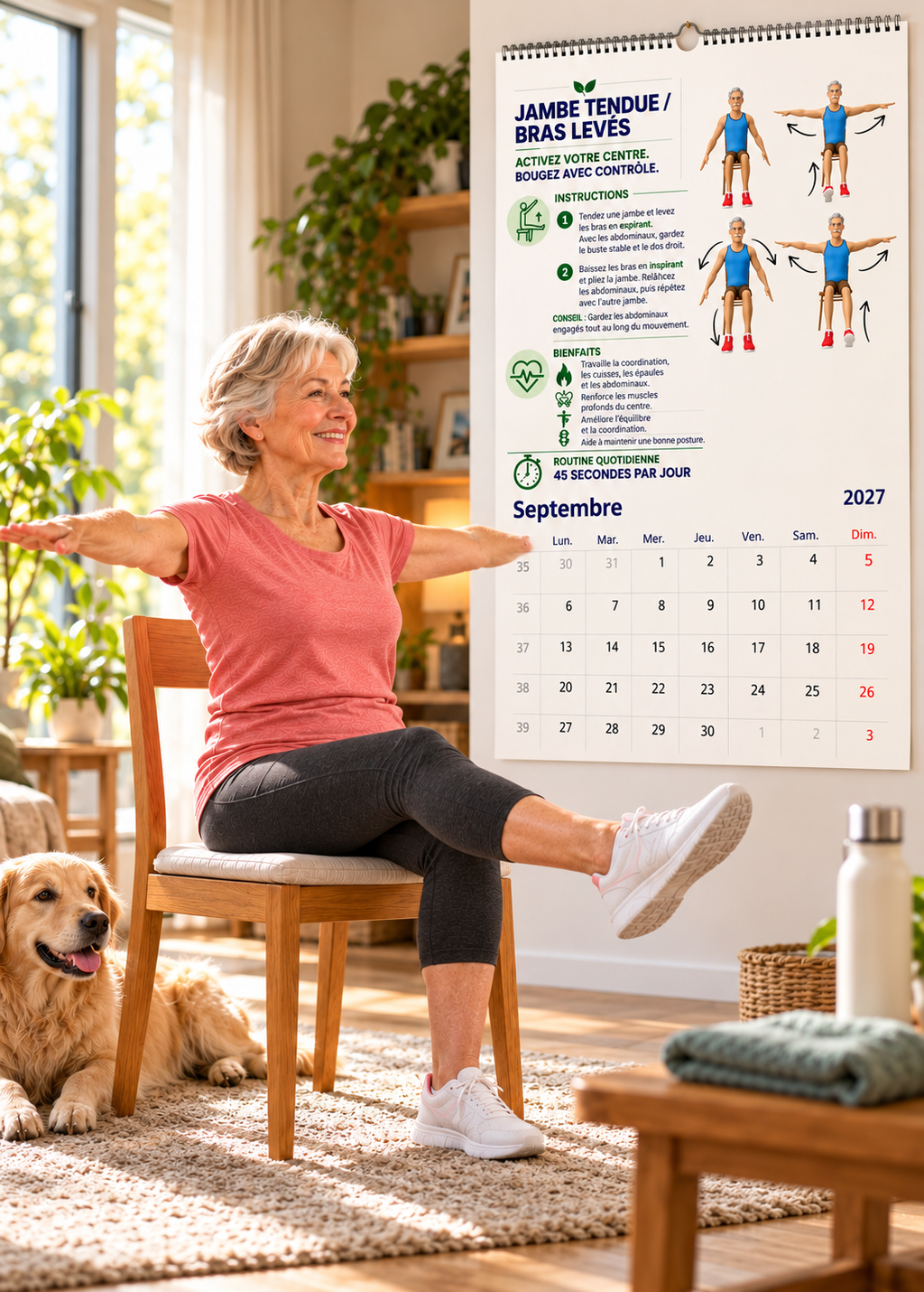 Tai-Chi sur chaise, calendrier 2027 – Une femme senior pratique un exercice sur chaise dans son salon, avec le calendrier de septembre affiché au mur et son chien à ses côtés.