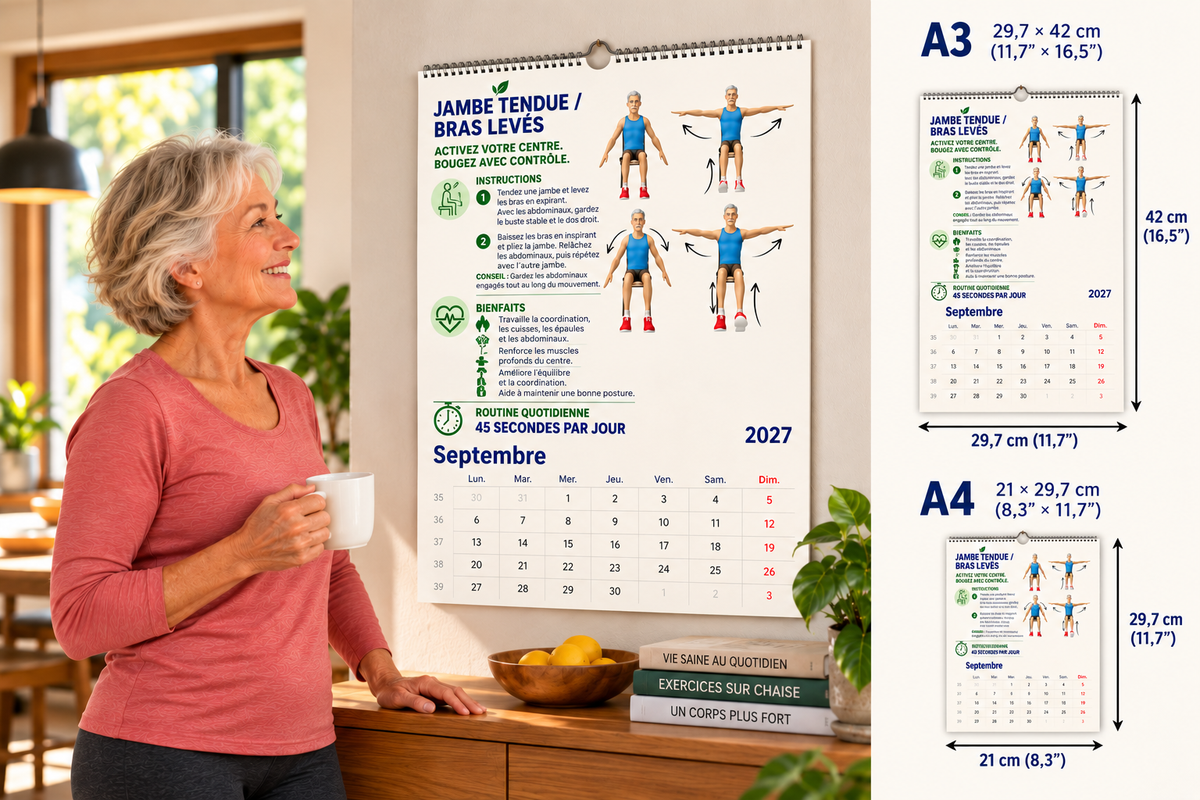 Tai-Chi sur chaise, calendrier 2027 – Une femme senior regarde le calendrier d’exercices accroché au mur, avec présentation des formats A3 et A4 et de leurs dimensions.