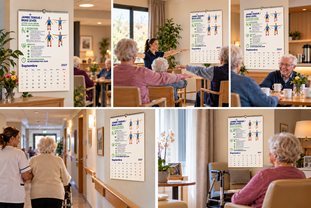 Tai-Chi sur chaise, calendrier 2027 – Le calendrier de septembre présenté dans plusieurs espaces d’une résidence pour seniors, avec des personnes âgées pratiquant des exercices sur chaise.